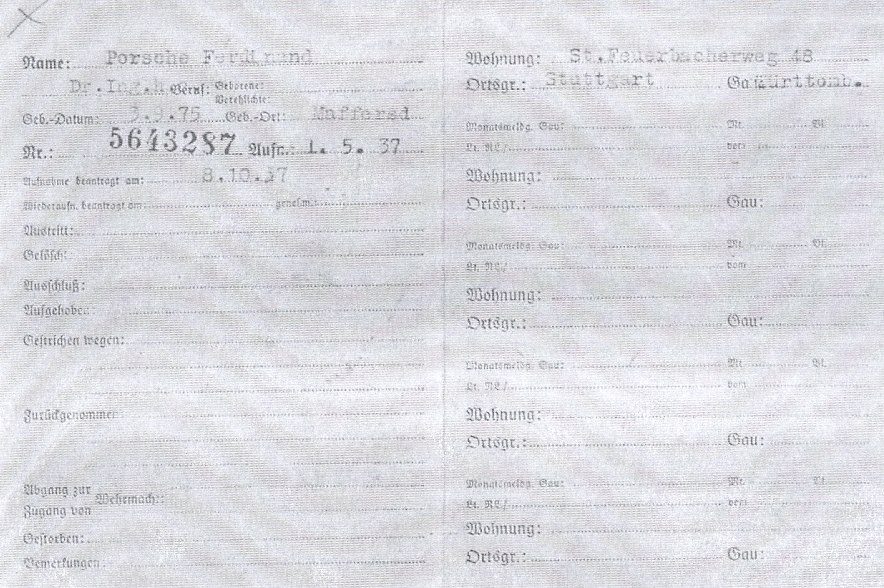 Ferdinand Porsche’s Nazi Party (NSDAP) membership registration card, Bundesarchiv
