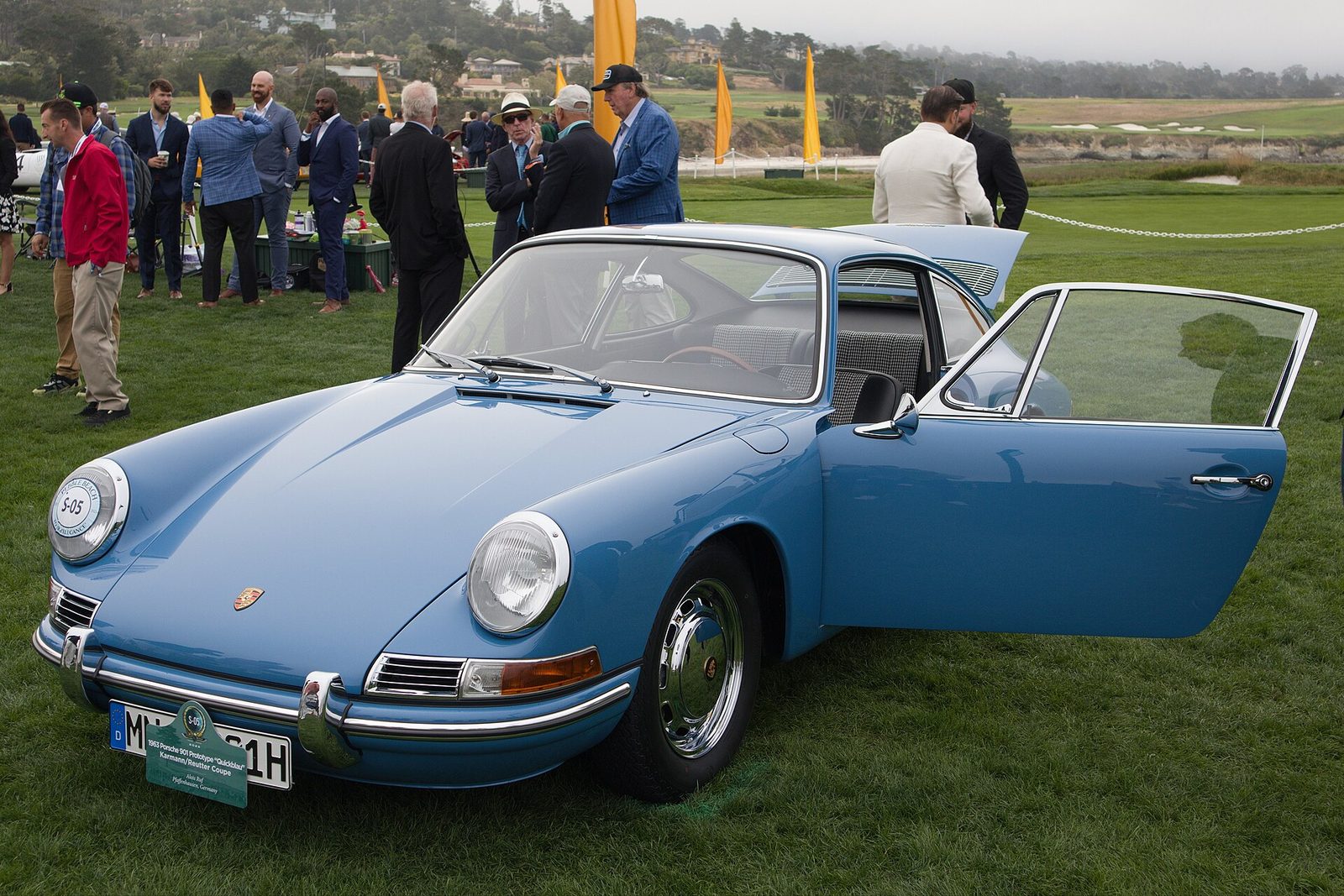 Blue Porsche 901 prototype on the lawn at Pebble Beach Concours 2023