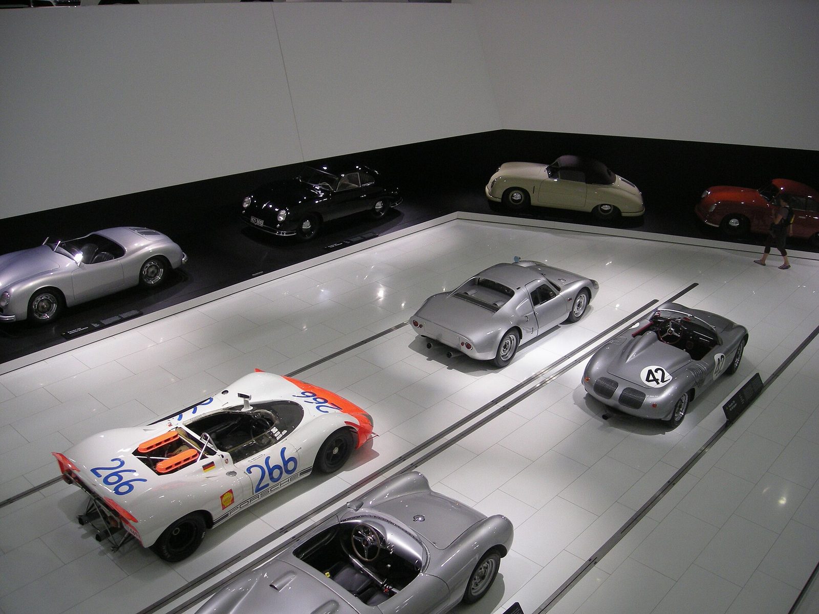 Porsche Museum exhibition hall with historic Porsche cars